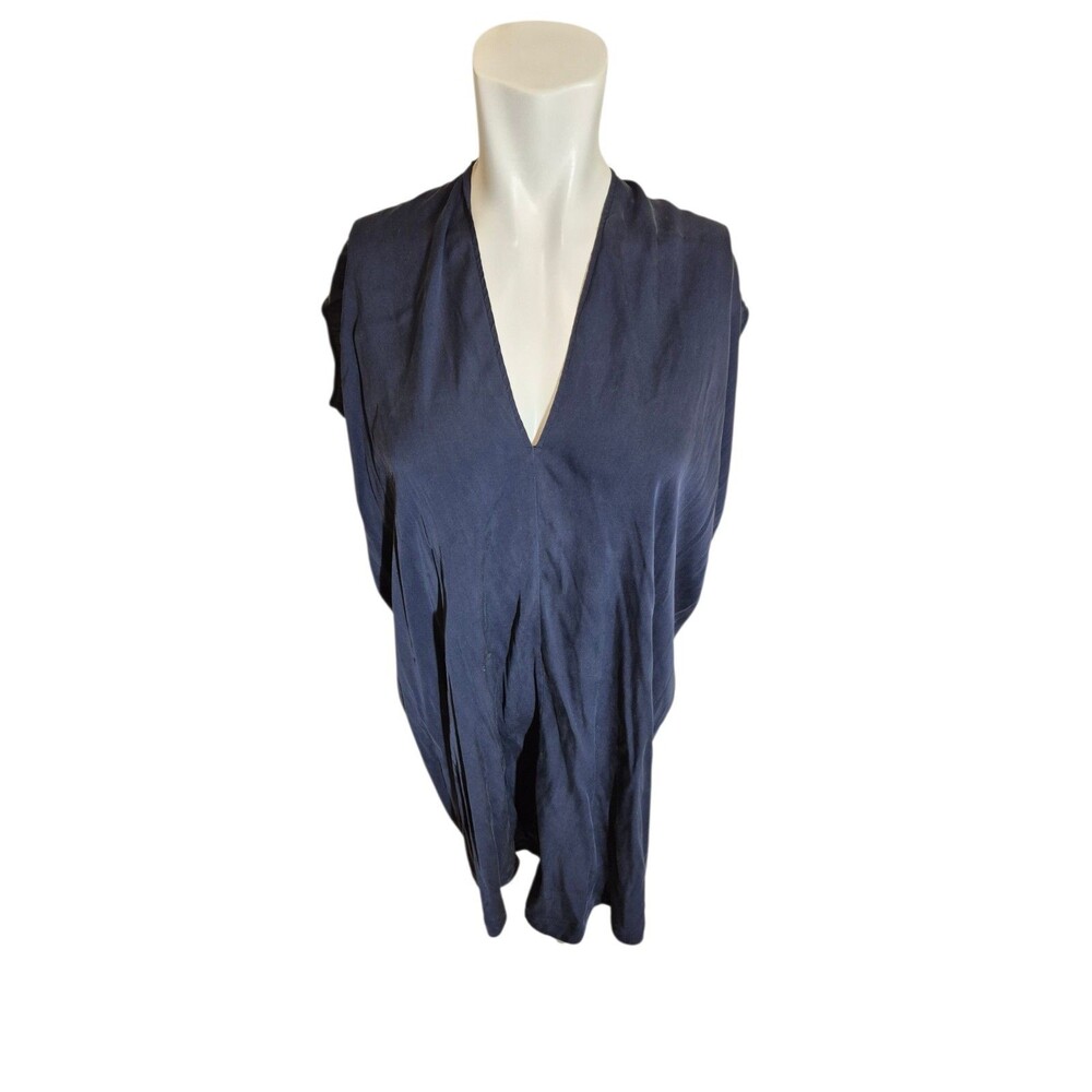 Vince Silk Dress V-neck Tunic Tent Shift Charmeuse Dress Navy Blue Sz XS